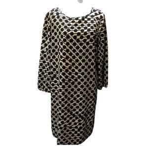 Tahari ASL Black Tan Swirl Dot Print Long Sleeve Shift Dress Size 16 Workwear